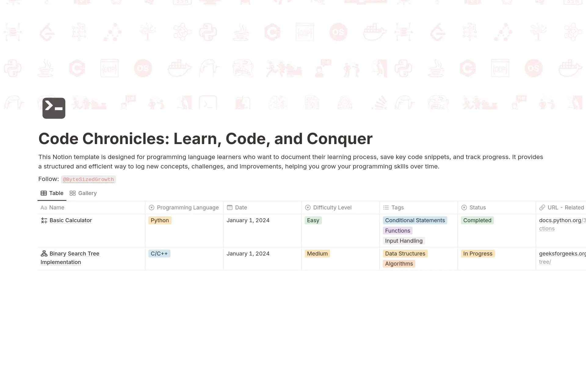 Screenshot of Code Chronicles: Learn, Code, and Conquer Notion template