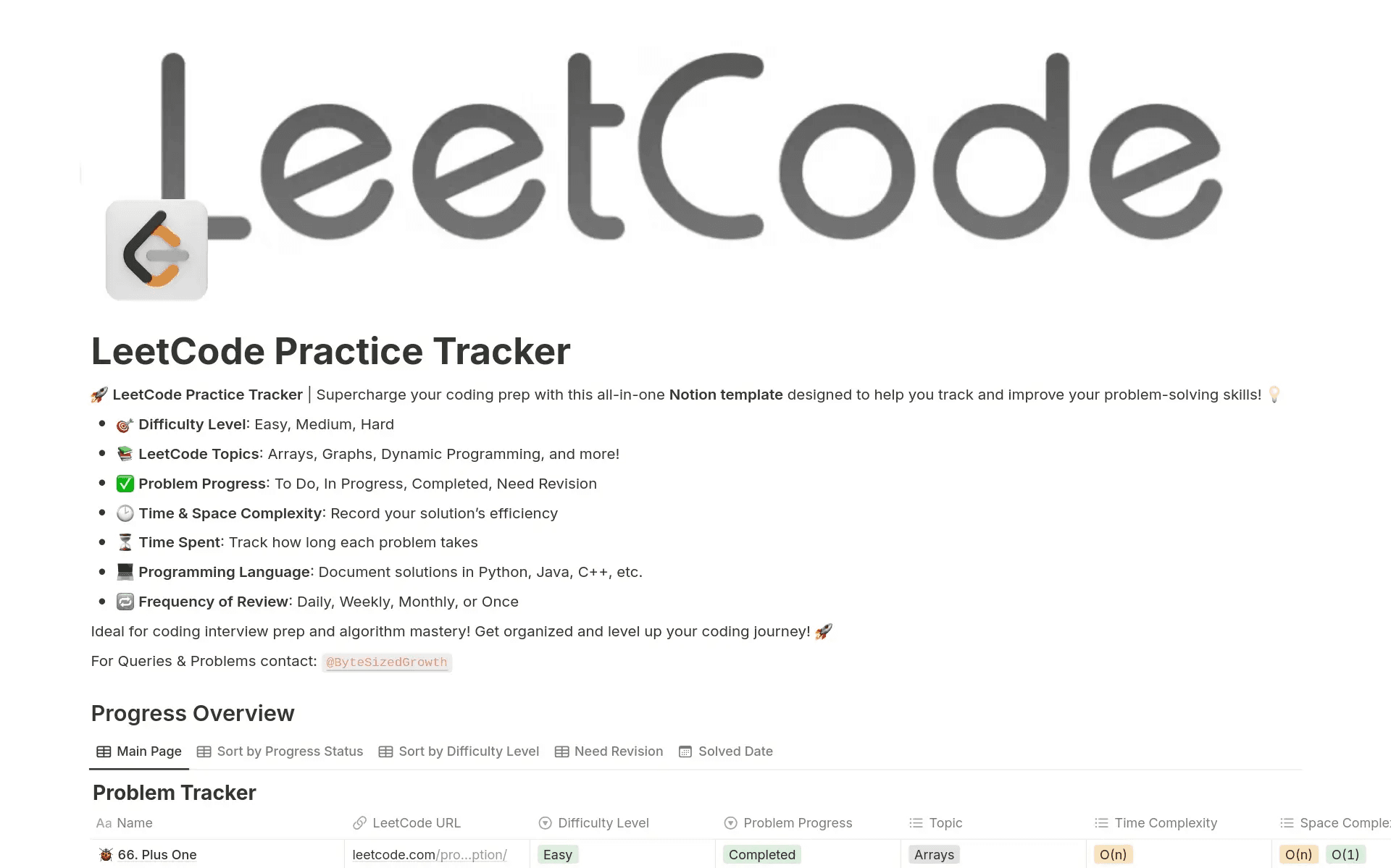 Screenshot of Leetcode practice tracker notion template